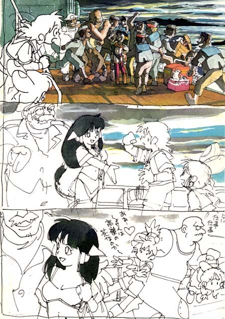 Mid-Term concept art for “Grandia” showing story scenes. Justin and Sue meet Feena for the first tim