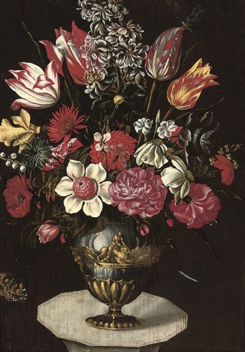 Franz Godin (b. ca. 1590–d. after 1631)A stock, chrysanthemums, roses, anemones, parrot tulips, and 