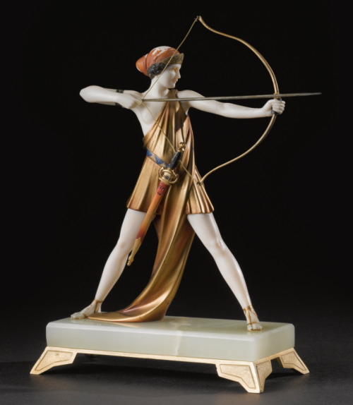 Johann Philipp Ferdinand Preiss, Diana, 1925. Cold-painted bronze and carved ivory on onyx. 24cm hig