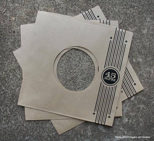 napkinartstudios:  New custom retro/vintage style 45rpm record sleeves now available in our Etsy shop! Each pack contains 10 hand printed record sleeves with a vintage 45 record (inserted randomly). A great way to start a collection, or to spruce up your