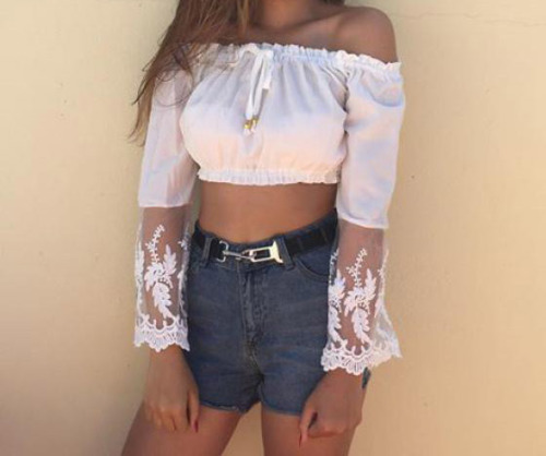 Mesh Panel Off Shoulder Cropped Blouse &gt;&gt; Frayed High Waist Denim Shorts &gt;