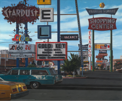 vintagelasvegas:  Las Vegas in 1976, seen from the Gold Key Motel. Photorealist painting “Stardust Motel” (1977) by John Baeder 