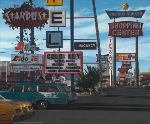 vintagelasvegas:  Las Vegas in 1976, seen from the Gold Key Motel. Photorealist painting “Stardust Motel” (1977) by John Baeder 