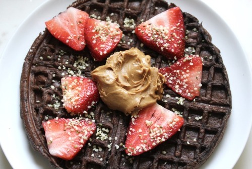 getfatnfab: Chocolate protein waffles w/ hemp seeds, strawberries, and a giant dollop of cookie butt