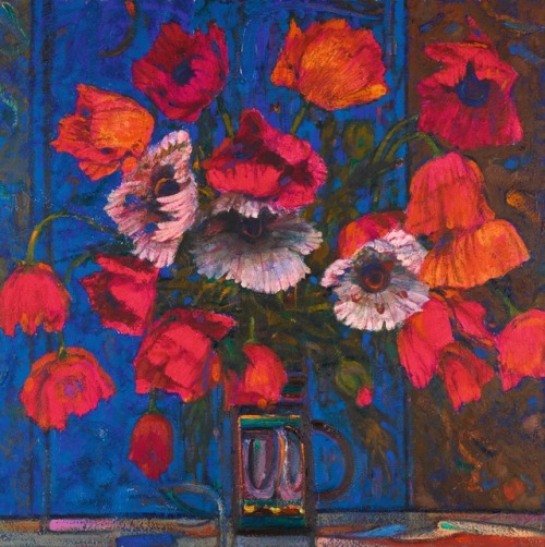terminusantequem:Robin Philipson (Scottish, 1916-1992), RED POPPIES ON A BLUE BACKGROUND. Oil on boa