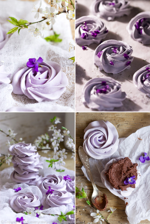 sweetoothgirl:Violet Meringue Cookies with Chocolate Ganache