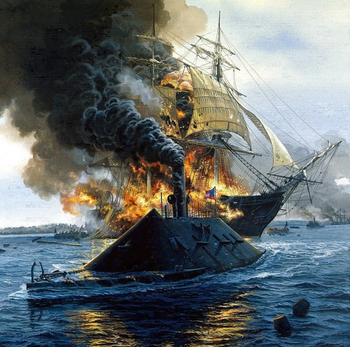 historicaltimes:Congress Burning, by Tom Freeman. USS Congress  is left in flames by CSS Virginia  d