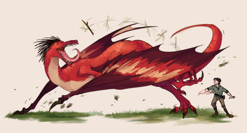 A small doodle of Tim with his dragon in my Tim The Dragon Tamer AU. Redbird plays fetch :)