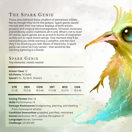 Spark Genie – Tiny elemental, chaotic neutralThose who befriend these smallest of elementals i