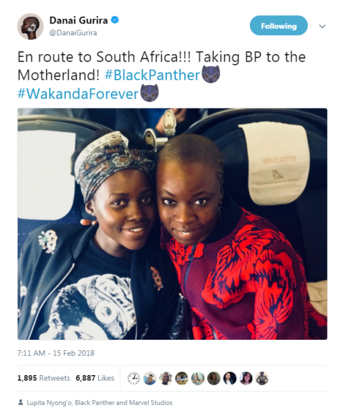 “En route to South Africa!!! Taking BP to the Motherland! #BlackPanther #WakandaForever“- Danai Guri