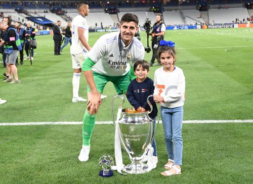 realmadridfamily: Thibaut Courtois celebrates with his kids Adriana and Nicolas after winning the UE
