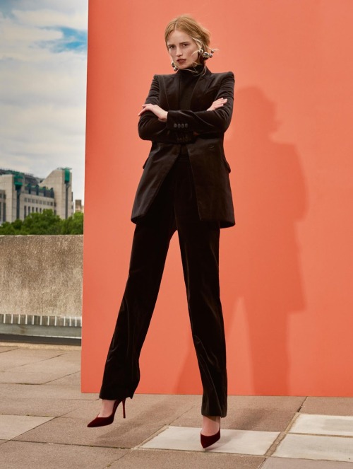 Maud Welzen with architecture in “Suits in the City” for Red UK, October 2017. Photograph by Thanass