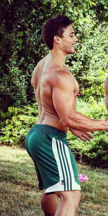 John grinned as he hugged his husband from behind in their backyard. He had been at the gym earlier, and he had met the cutest twinky couple. He helped them work out, and got to show off his sweaty, muscular body to them. When they were done working,