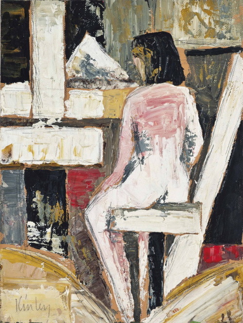 Studio interior with seated figure. Peter Kinley (British, 1926-1988). Oil and pencil on canvas boar