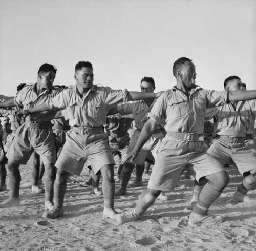 Soldiers of the 28th Maori Battalion perform a traditional war Haka, North Africa, World War II.