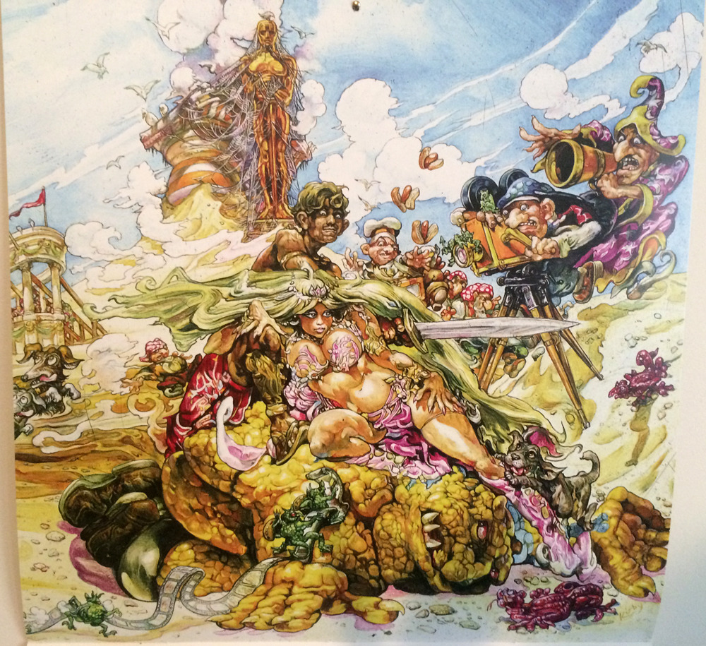 “Moving Pictures,” by Josh Kirby
Discworld 2017 Calendar April Image
Dan Ginger your bobbies. Also: I can’t help but see Dibbler’s sausages as though they’re sausage butterflies floating away on the breeze.