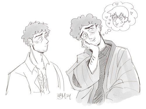Two drawings of Serizawa Katsuya from Mob Psycho 100. The left drawing is of him post-World Domination arc, but his hair is outgrown. His dress shirt is opened, revealing his chest.
The right drawing is of World Domination arc Serizawa in his hanten. He's holding his right hand up to he cheek, smiling and blushing as he thinks of Reigen. The Reigen in his thought bubble looks very stupid, though.
