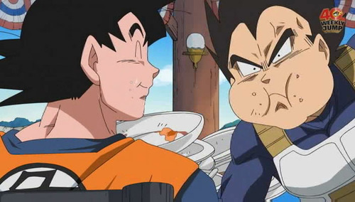 duvete:    yum!  VEGETA’S FACE.   I don’t think Goku’s very sorry.  OMG VEGETA WAOUHAGUAUh;dsuaga;uhga;uga DYING.               