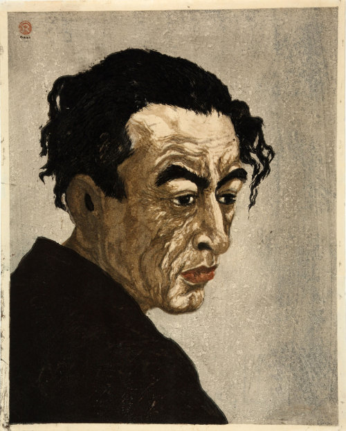 geritsel: Onchi Kōshirō - Portrait of the author Hagiwara Sakutarō, color woodblock print, 1943