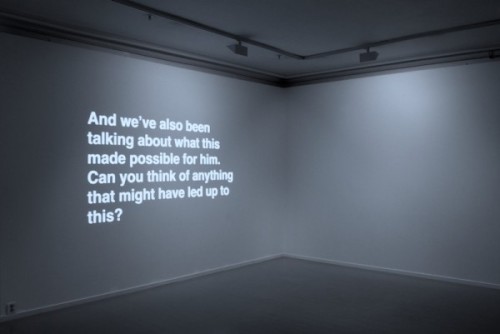 lehroi:  Ignas Krunglevicius ‘NARRATIVE WITH AN UNEXPECTED OUTCOME’, 2011. The video installation documents a dialogue from a group therapy session as animated text. Each screen represents a different persona from the therapy session. During
