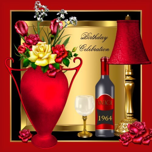 Red Gold Roses Decor Wine Bottle Glass Birthday 4 Custom Invitations