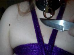 alltieduptonight:  pir8rbrts:  Purple rope and edgeplay with alltieduptonight  Rope and knives: a few of my favorite things! Fun with my Sir, pir8rbrts :)  Oooh, ropes &amp; knives! And she looks beautiful in her purple rope! -fms