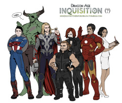 lilyrutherfordblog:  The Avengers : Dragon age (?)  ^▽^ I sketched this a while ago (here). Finally I finished it after watching The Avengers 2. It took a freaking long time to clean up and do line works. 7 full bodies and the details that the characters