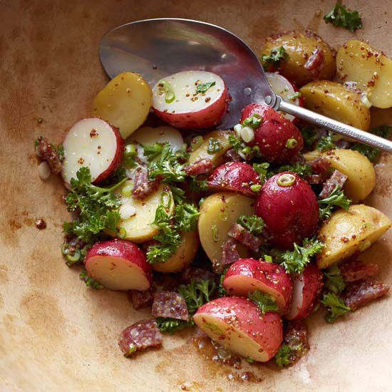 bhgfood:  Potato Salad with Sausage and Grainy Mustard Dressing: At your next tailgate,