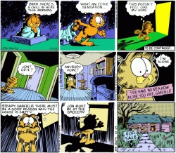 ephemeral-phantasm:  prairiehamster:  The time in the 80s they ran some Halloween strips implying Garfield was dead all along. Or at least dying of starvation.  holy shit 