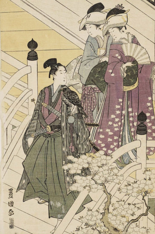 A Hawking Party on a Veranda.  Ukiyo-e woodblock print.  About 1800, Japan.  Artist&n
