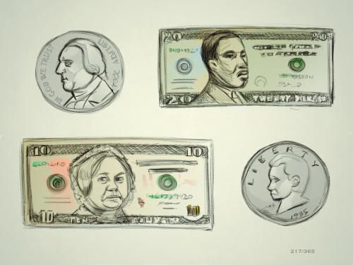 fringecomix:  Legal tender in the alternate universe.  Clockwise from upper left: -Benedict Arnold nickel -Martin Luther King, ฤ bill -Richard Nixon half dollar -Elizabeth Cady Stanton, บ bill  AHHHH I LOVE THIS