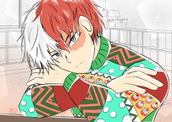 saskia2402:  Merry Christmas to everyone!~And if you don’t celebrate it then I wish you a happy holiday season!(x)Just have this cute, lil bean (aka Shouto) in his ugly Christmas sweater who’s daydreaming on Christmas while the other U.A. students