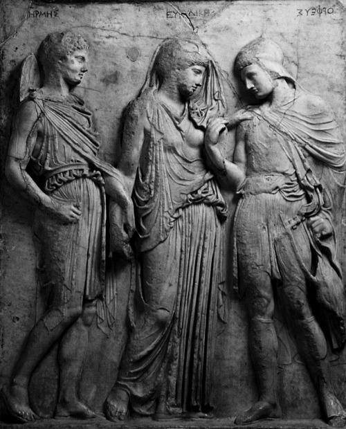 antinousresurrected:artgif:Orpheus Relief with Hermes and EurydiceLove how the fabrics fall over the