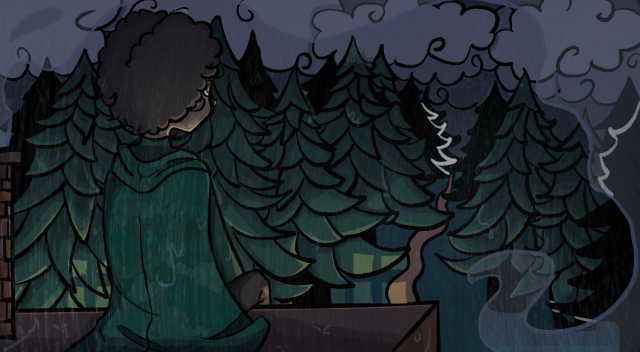 It's dark and rainy outside. Will in on the cabin roof, pretty soaked. His dark brown hair is still poofy looking, and he has his ranger cloak over his shoulders. He's sitting with his legs dangling over the edge; you can only see part of his arm and thigh. His pants are light brown, and his puffy sleeve is green. He has light brown skin and eyes, though you are looking at him from the back, so the face is barely visible in a 3-quarter view. Smoke from a red-bricked chimney to the far left of the roof is framing him and the forest ahead of him. The forest is covered in pine trees, aside from the dirt path towards the right of the screen. The clouds up above start from light-grey towards the front, and gets darker as it goes on. towards the bottom, right by the house, a fire seems to be going inside; it's illuminating the trees and part of Will. Two window shapes are on the ground because of this. Rain drops are dropping off everything. It looks like it's raining hard.