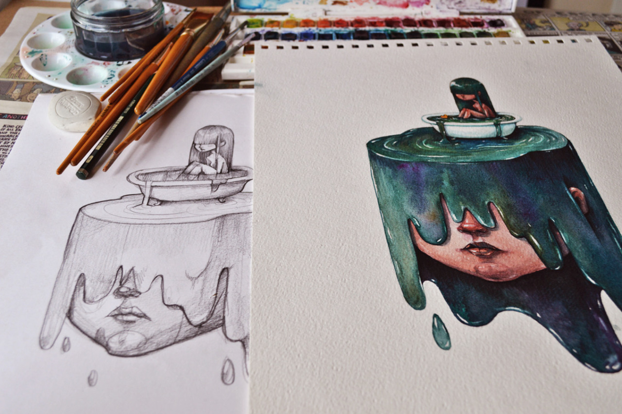 marijatiurina:  A quick A3 format watercolor painting from last night. Girls in tubs