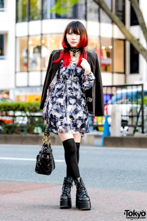 16-year-old Japanese high school student Remon on the street in Harajuku wearing a vintage blazer ov