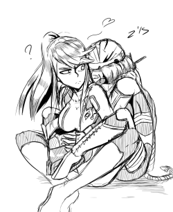 zeromomentai:  Avvery late night doodle/sketch of  Samus and Sheik. This is what happens when I don’t think too much, and just feel the flow.  I dont think it’s too bad. I might try cleaning up and coloring after finishing some other pieces, before