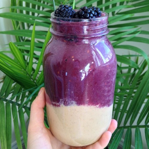plantbasedbabe:  PB+J smoothie made from peanut butter, banana, almond milk and blackberries 