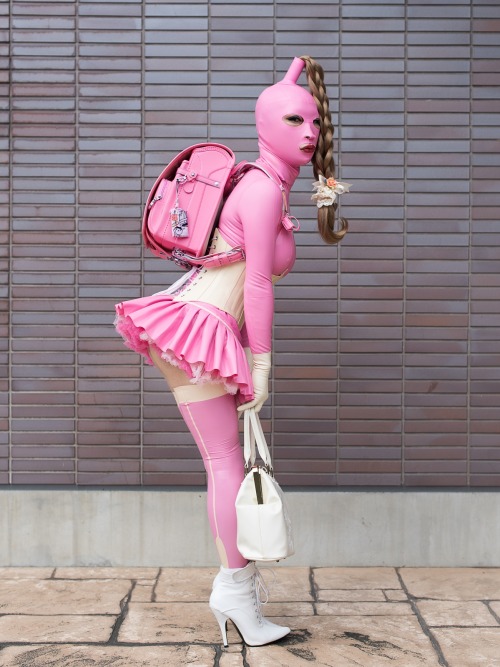 Pink Rubber Latex Clothing with Pink Randoseru in Public