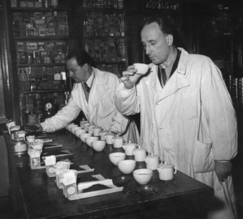 Head of production laboratory of the Lenin Tea Factory D. Bykov (left) and chief tea tester P. Fomic