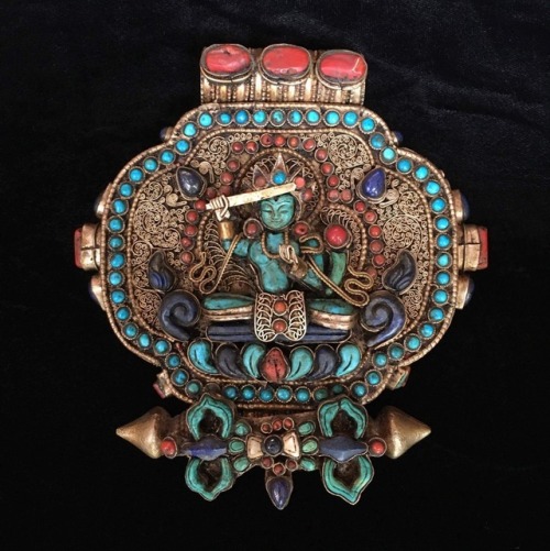 Tibetan Buddhist Manjushri Ghau Prayer Box crafted with Gem Inlay of Lapis, Coral &amp; Turquois