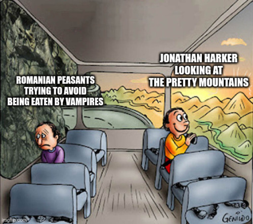 honorarycassowary: [ID: two men on a bus meme. The smiling man looking out at the scenery is labeled
