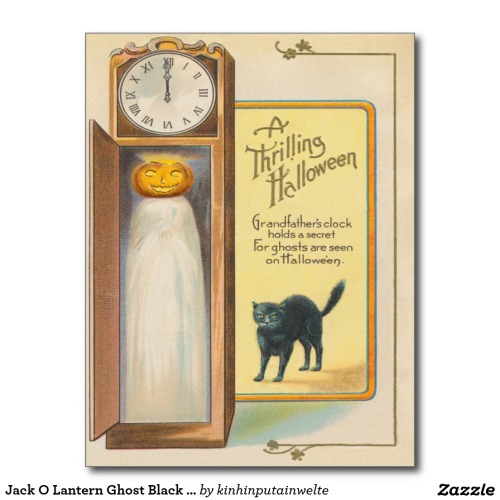 Jack O Lantern Ghost Black Cat Grandfather Clock Postcard - $1.10 Made by Zazzle Paper Vintage Hallo