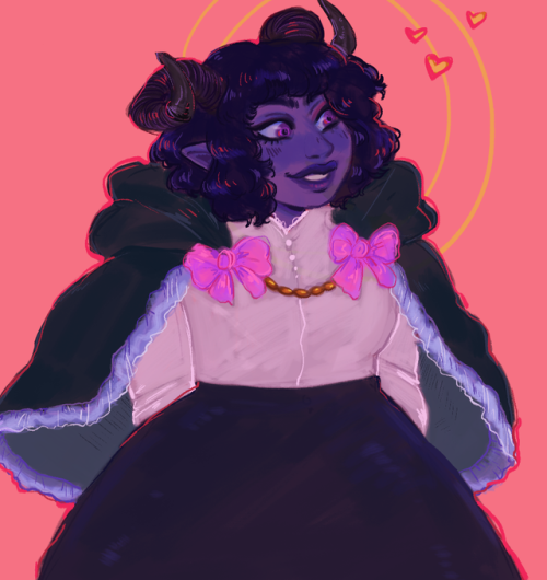 ssuperspacejam:Just a lil blue tiefling [image description: a drawing of Jester from the hips up aga