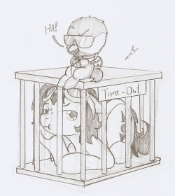 unhinged-mod:  thedenofravenpuff:  Puffy got put in the time-out cage, just ‘cuz she attempted to put Burd’s room on fire. Again. Pfh, guess he can’t handle how much of the evil twin Puffy is. Enjoy.   Whose the evil one now puffy?  XD Oh damn!