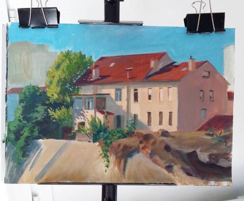 Another one. View through the window #marseille #littlehouse #house #train #painting #pleinairpainti