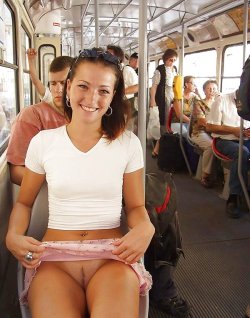 carelessnaked:  In a short skirt and showing her pussy in a bus