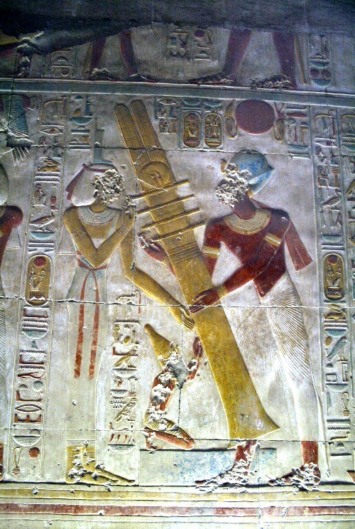 Ancient Egyptian reliefs from the temple of Osiris at Abydos, including representations of Pharaohs 