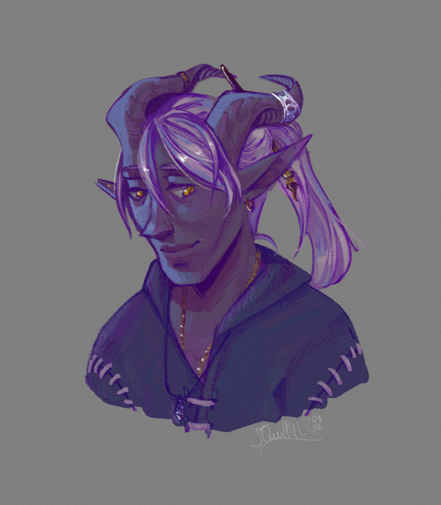 portrait of a tiefling looking to the side with a sad smile. he has ashy purple skin and horns, long and straight light lavender hair in a ponytail, and golden eyes. he is wearing an assortment of mismatched accessories, most notably an ornate paintbrush tucked into his ponytail, and a golden necklace disappearing under his dark purple shirt. 