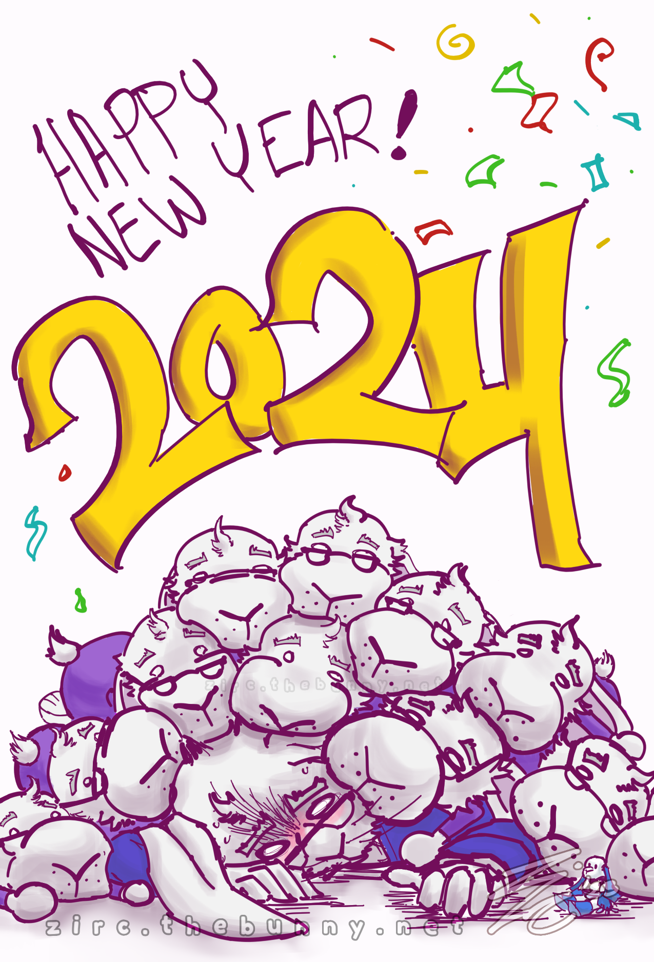 ZiRC (bunny) gets piled on by a bunch of scrunkly clones. Text reads "Happy New Year! 2024"